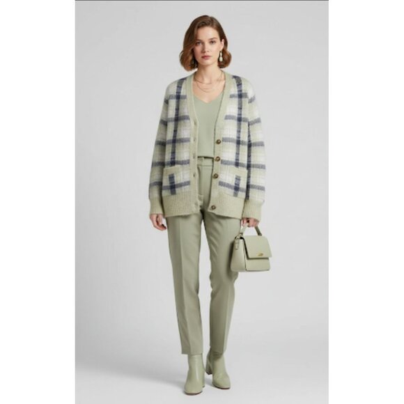 Tory Burch Light Green Mohair-Blend Plaid Brushed Intarsia-Knit Cardigan Medium - Picture 1 of 15